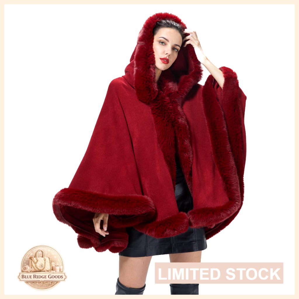 Faux Fur Trim Hooded Poncho Shawl Wrap Cape Sleeveless Cardigan Dressy Cloak